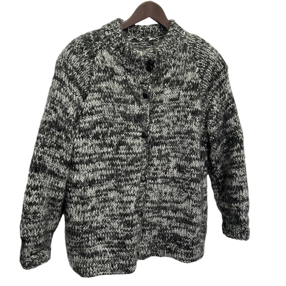 Handmade Hand Knit Black/Grey Wool and Mohair Chunky Knit Sweater L/XL